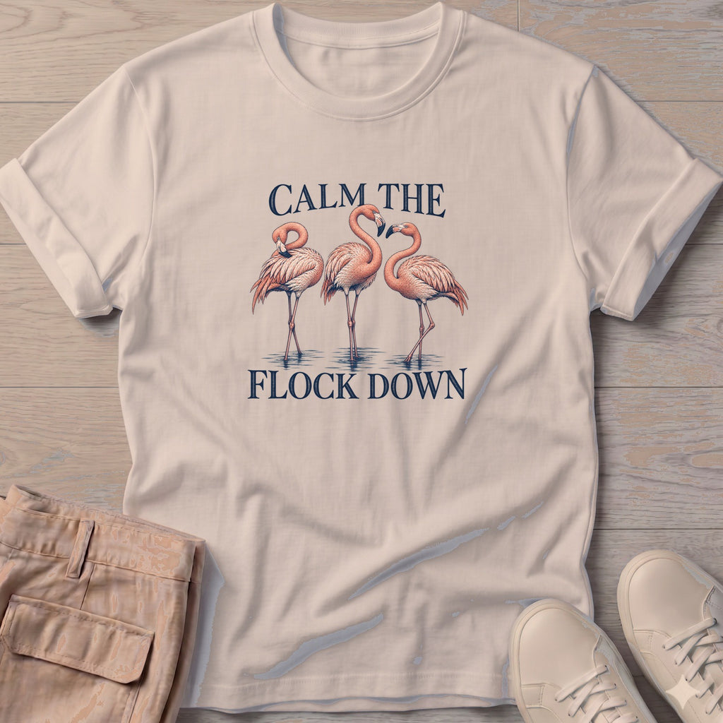 Calm Flock Flamingo Soft Style T-Shirt in Sand, Salty Paws Soft Style T-Shirt, front design flat lay