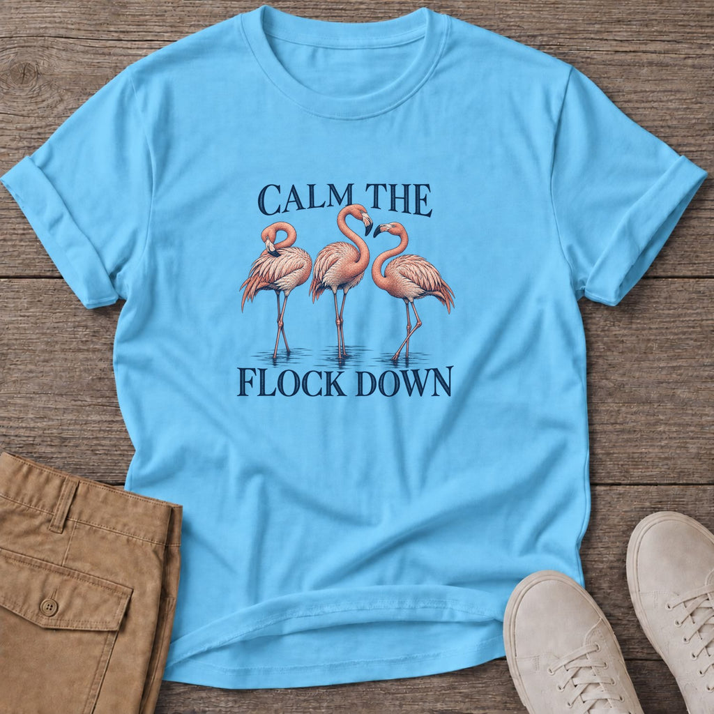 Calm Flock Flamingo Soft Style T-Shirt in Sky, Salty Paws Soft Style T-Shirt, front design flat lay
