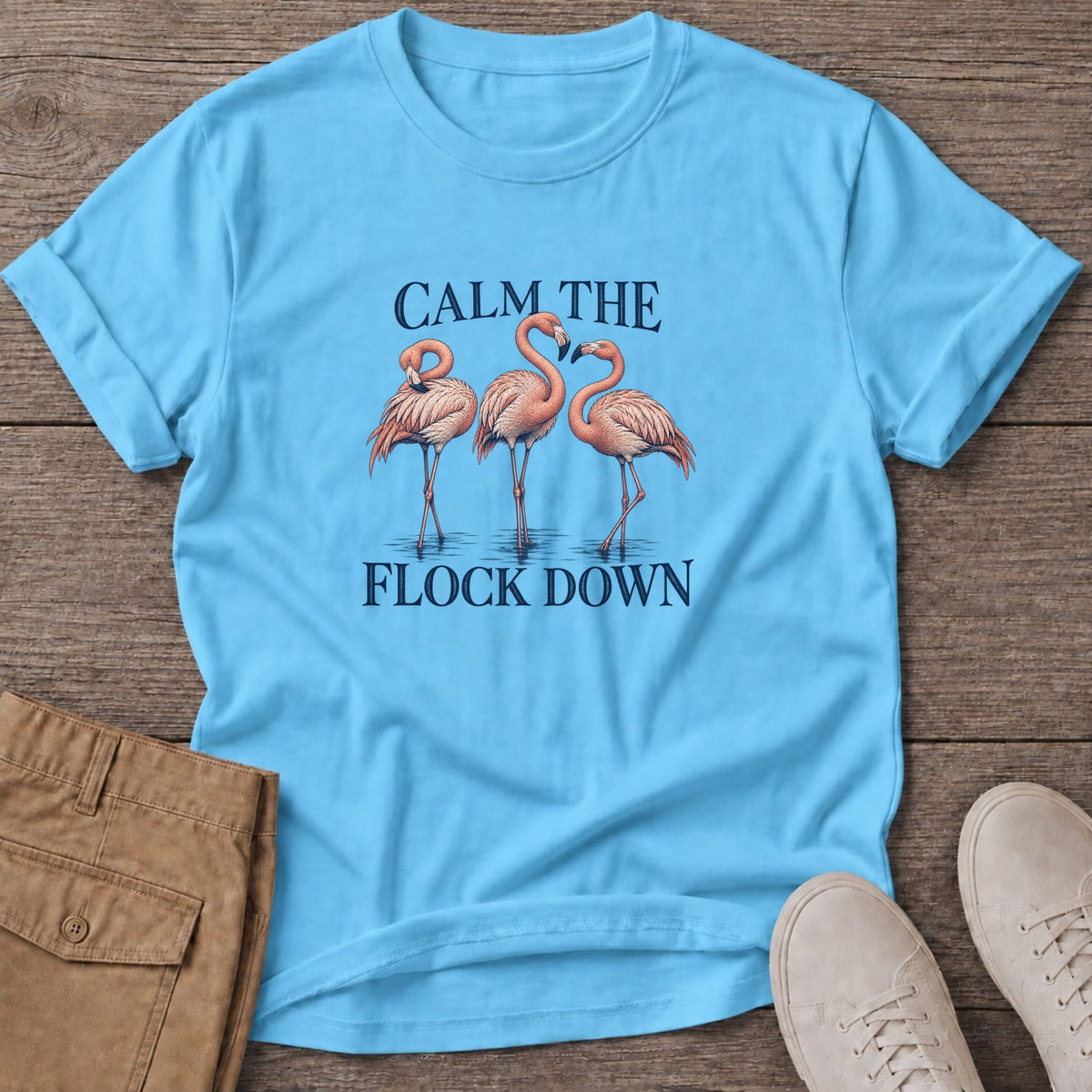 Calm Flock Flamingo Soft Style T-Shirt in Sky, Salty Paws Soft Style T-Shirt, front design flat lay