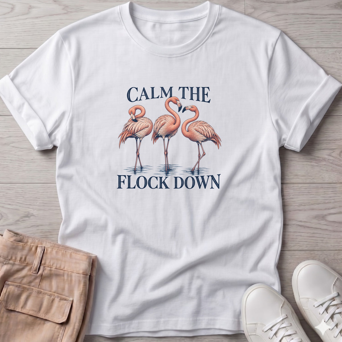Calm Flock Flamingo Soft Style T-Shirt in White, Salty Paws Soft Style T-Shirt, front design flat lay