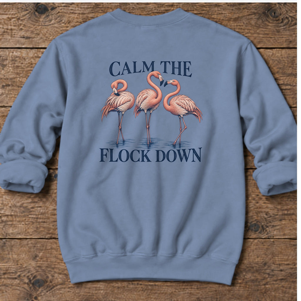 Calm the Flock Down Flamingo Back Design Midweight Sweatshirt in Stone Blue, Salty Paws Midweight Sweatshirt, back design flat lay