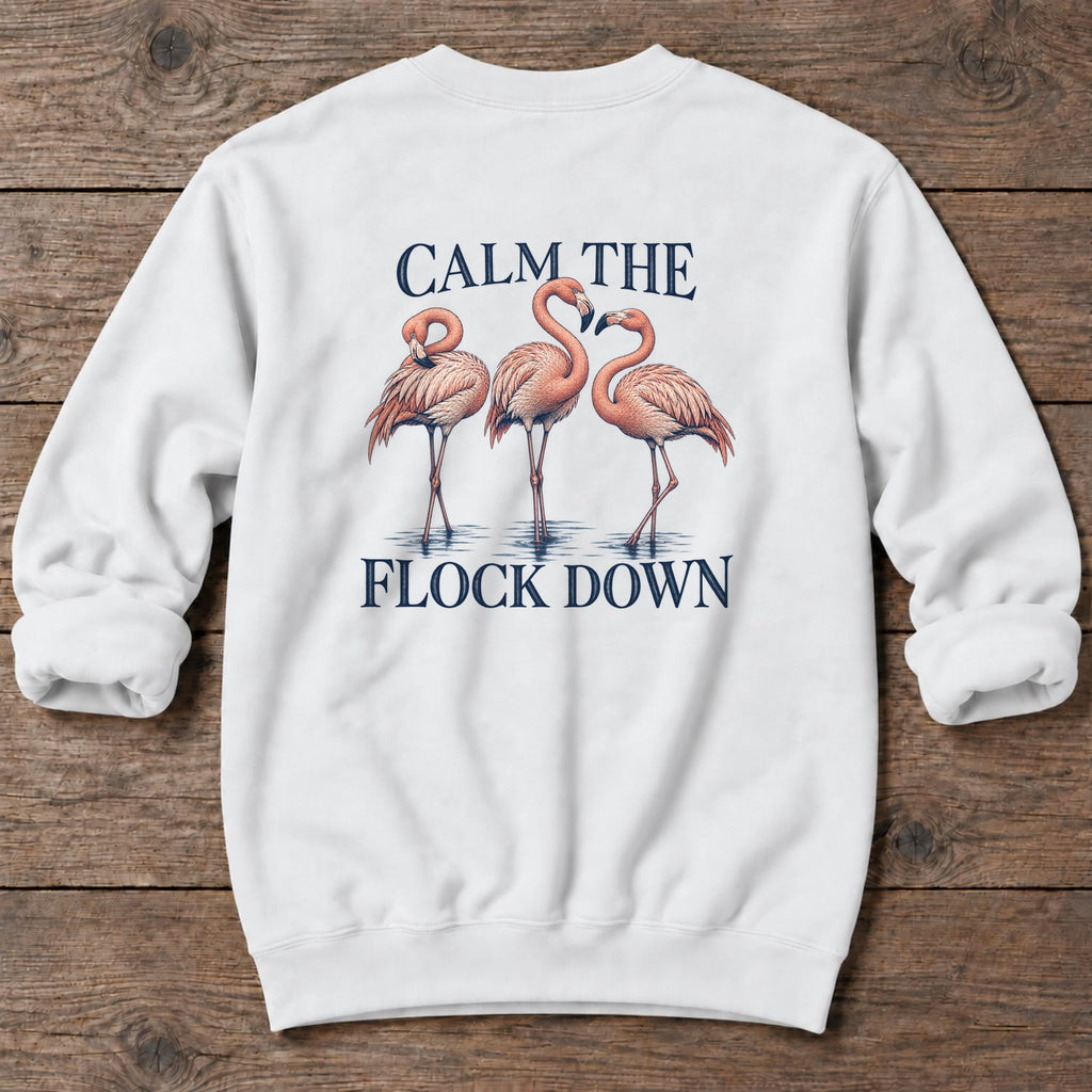 Calm the Flock Down Flamingo Back Design Midweight Sweatshirt in White, Salty Paws Midweight Sweatshirt, back design flat lay