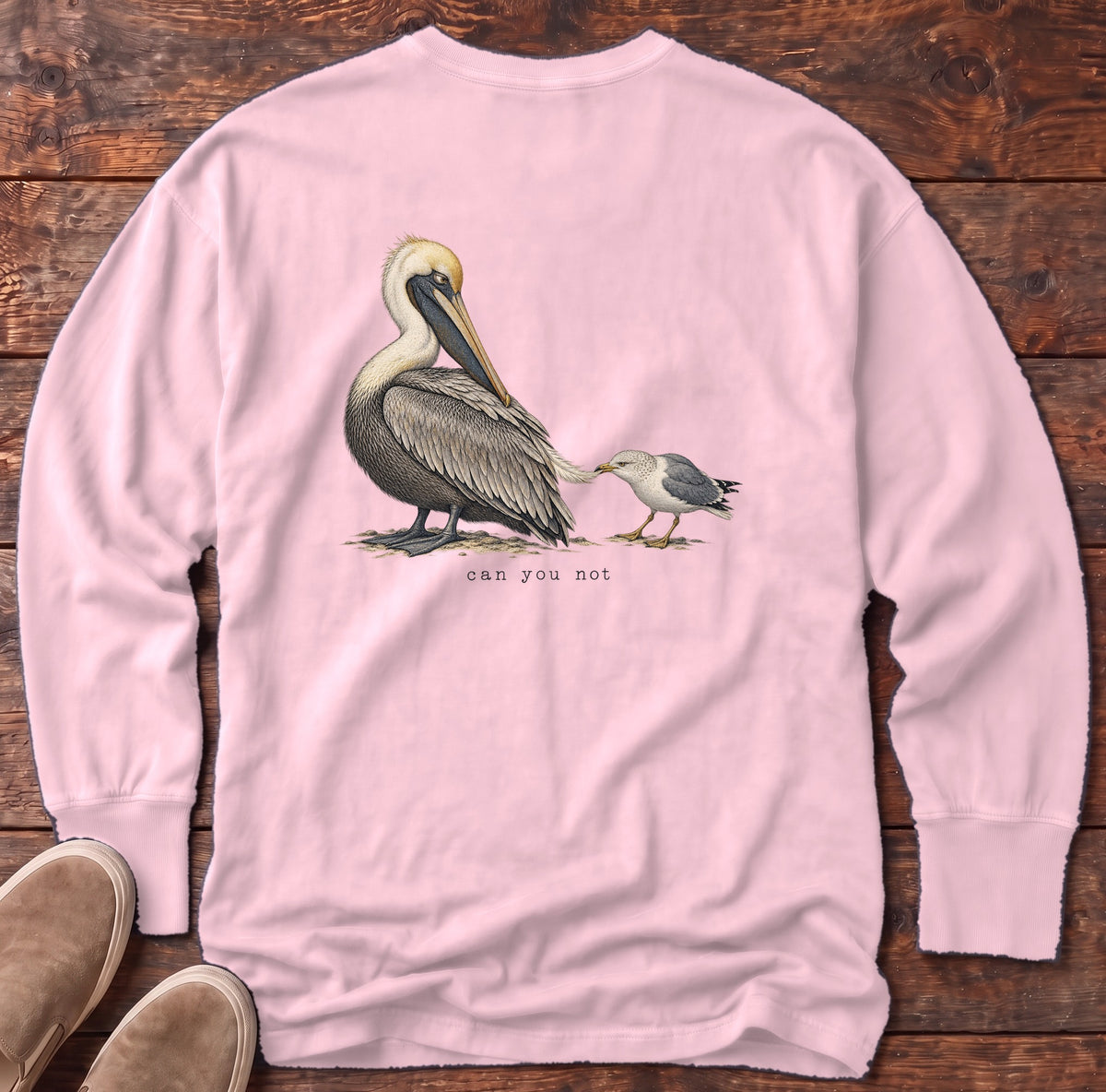 Can You Not Pelican Back Design Long Sleeve Tee Comfort Colors in Blossom, Salty Paws Comfort Colors Long Sleeve Tee, back design flat lay