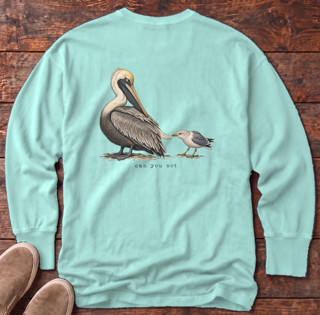 Can You Not Pelican Back Design Long Sleeve Tee Comfort Colors in Chalky Mint, Salty Paws Comfort Colors Long Sleeve Tee, back design flat lay