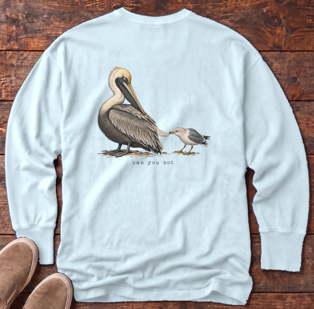 Can You Not Pelican Back Design Long Sleeve Tee Comfort Colors in Chambray, Salty Paws Comfort Colors Long Sleeve Tee, back design flat lay