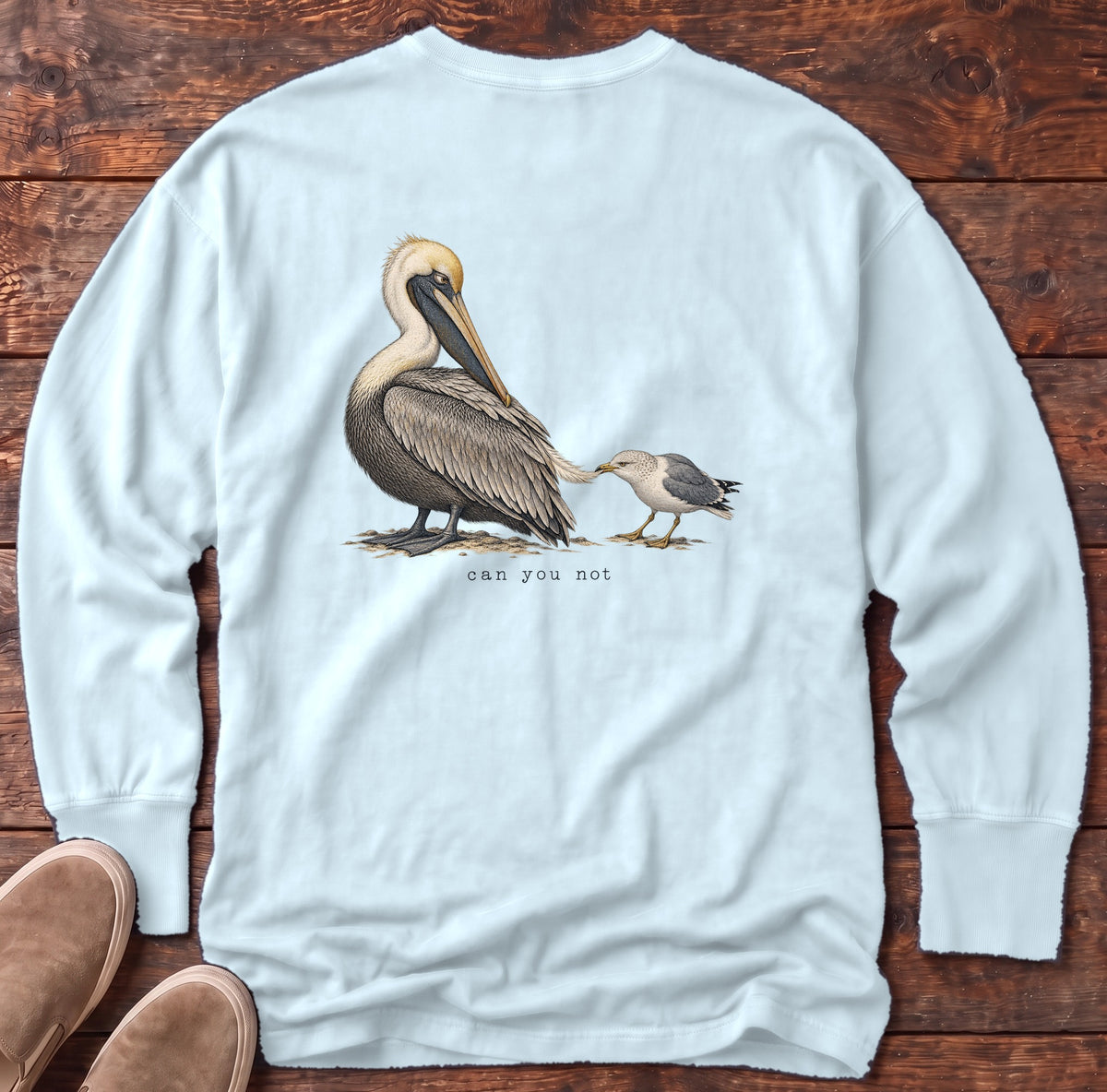 Can You Not Pelican Back Design Long Sleeve Tee Comfort Colors in Chambray, Salty Paws Comfort Colors Long Sleeve Tee, back design flat lay