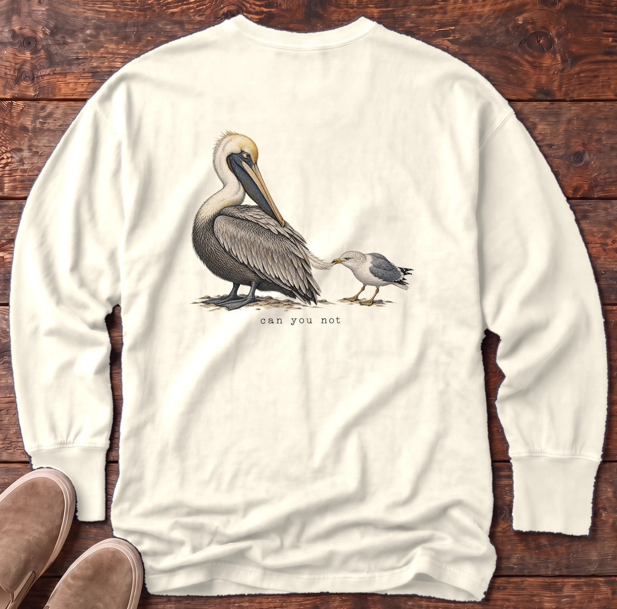 Can You Not Pelican Back Design Long Sleeve Tee Comfort Colors in Ivory, Salty Paws Comfort Colors Long Sleeve Tee, back design flat lay
