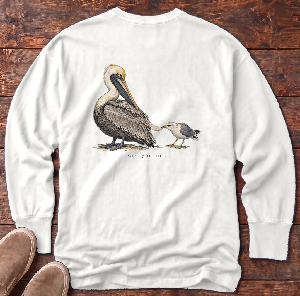 Can You Not Pelican Back Design Long Sleeve Tee Comfort Colors in White, Salty Paws Comfort Colors Long Sleeve Tee, back design flat lay