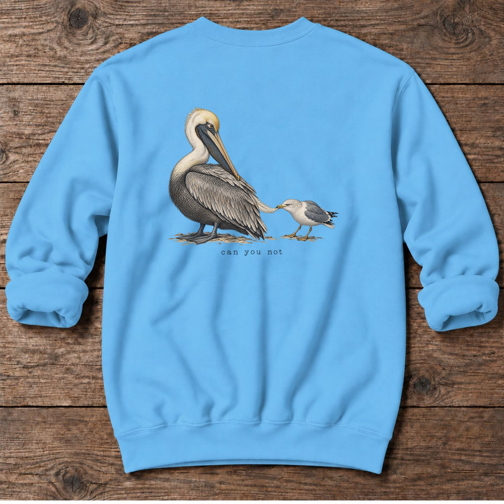 Can You Not Pelican Back Design Midweight Sweatshirt in Sky, Salty Paws Midweight Sweatshirt, back design flat lay