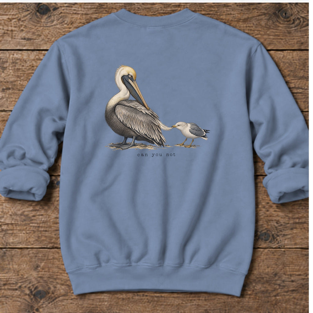 Can You Not Pelican Back Design Midweight Sweatshirt in Stone Blue, Salty Paws Midweight Sweatshirt, back design flat lay