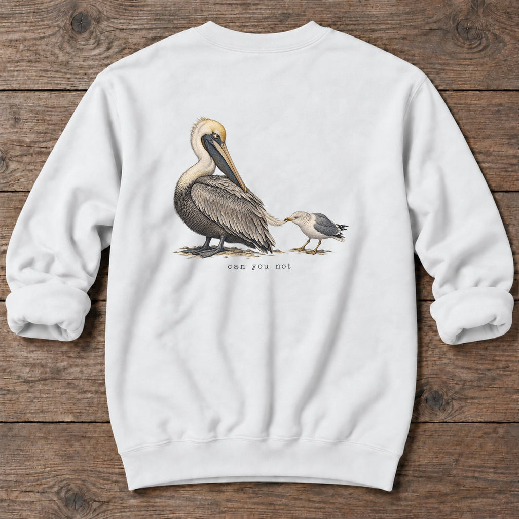 Can You Not Pelican Back Design Midweight Sweatshirt in White, Salty Paws Midweight Sweatshirt, back design flat lay