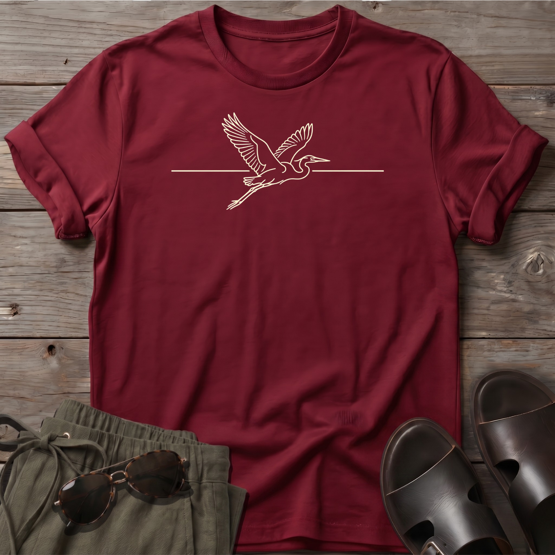 Great Heron Flight Beach Ocean Line Art Tee