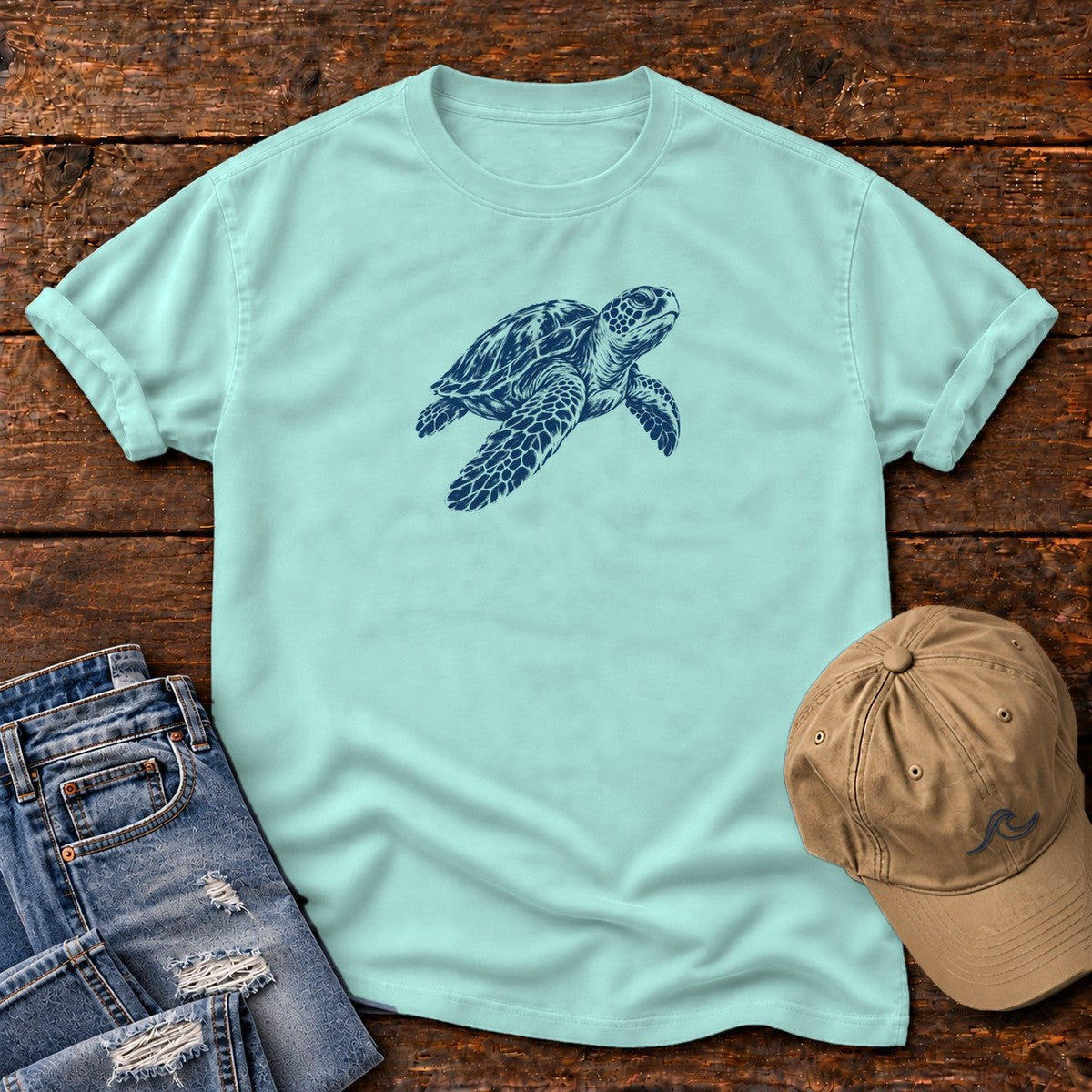 Sea Turtle T-Shirt in Chalky Mint, Salty Paws Comfort Colors T-Shirt, front design flat lay