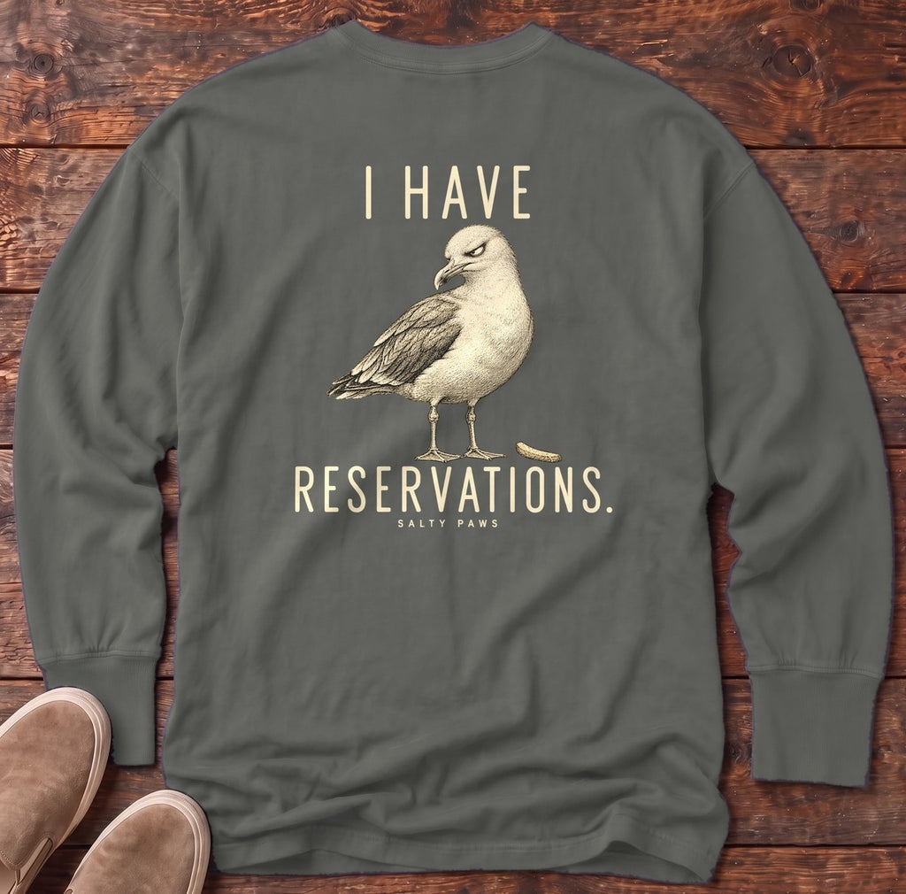 I Have Reservations Gull Back Design Long Sleeve Tee in Pepper, Salty Paws Comfort Colors Long Sleeve Tee, back design flat lay