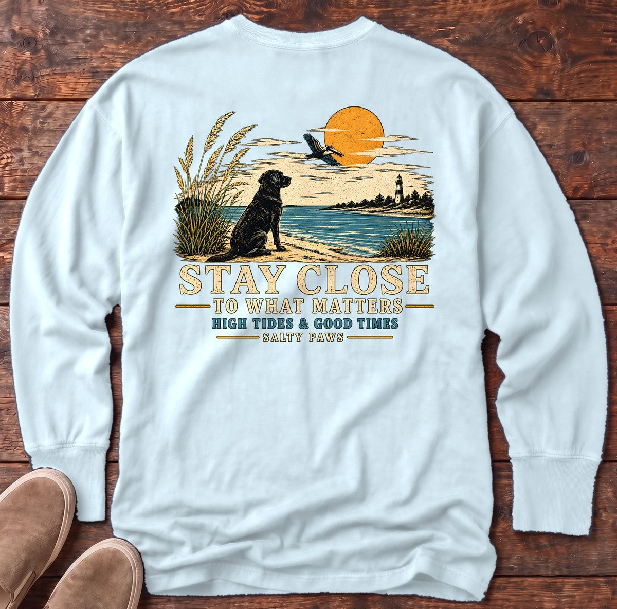 Stay Close Back Design Long Sleeve Tee in Chambray, Salty Paws Comfort Colors long sleeve tee