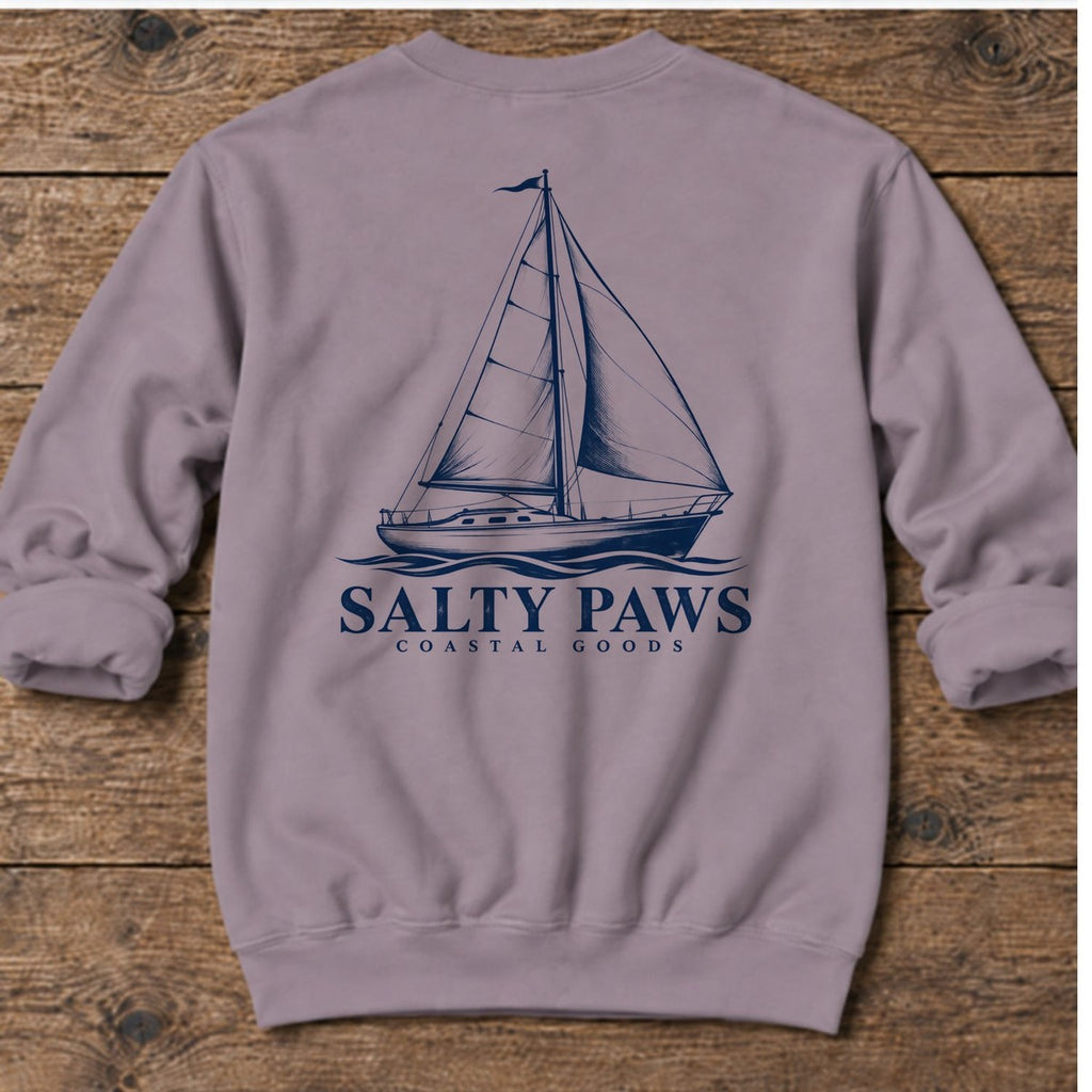 Sailboat Coastal Goods Back Design Midweight Sweatshirt in Paragon, Salty Paws Midweight Sweatshirt, back design flat lay