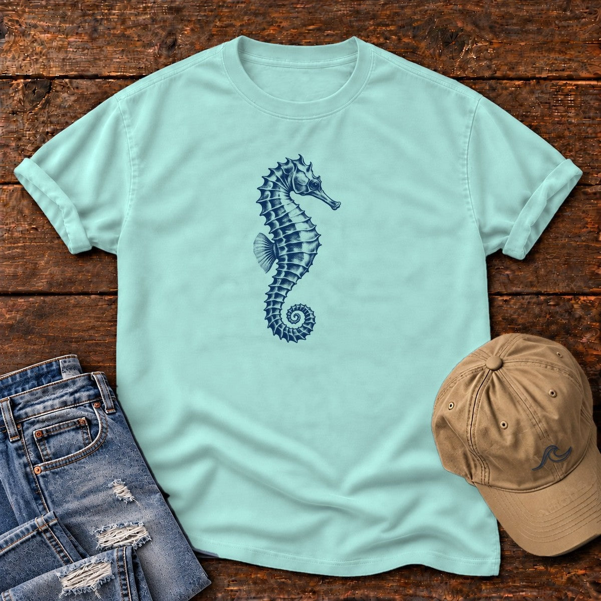 Navy Seahorse T-Shirt in Chalky Mint, Salty Paws Comfort Colors T-Shirt, front design flat lay