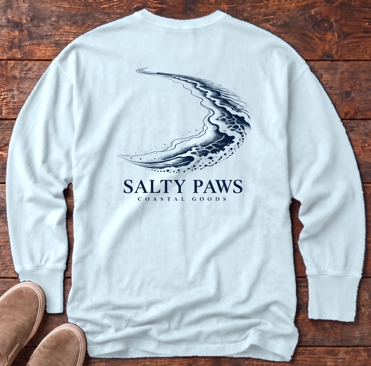Crescent Shoreline Coastal Goods Back Design Long Sleeve Tee in Chambray, Salty Paws Comfort Colors Long Sleeve Tee, back design flat lay