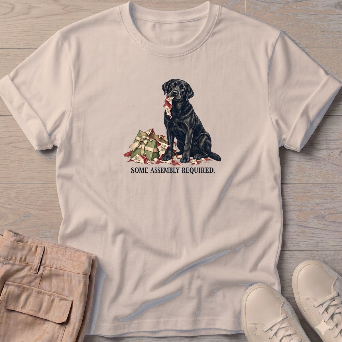 Some Assembly Required Black Lab T-Shirt in Sand, Salty Paws T-Shirt, front design flat lay