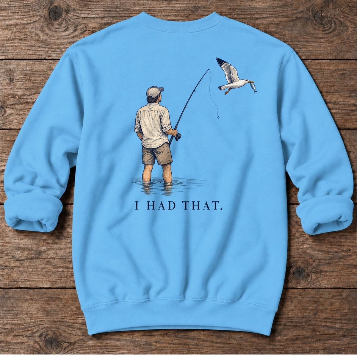 I Had That Seagull Back Design Midweight Sweatshirt in Sky, Salty Paws Midweight Sweatshirt, back design flat lay