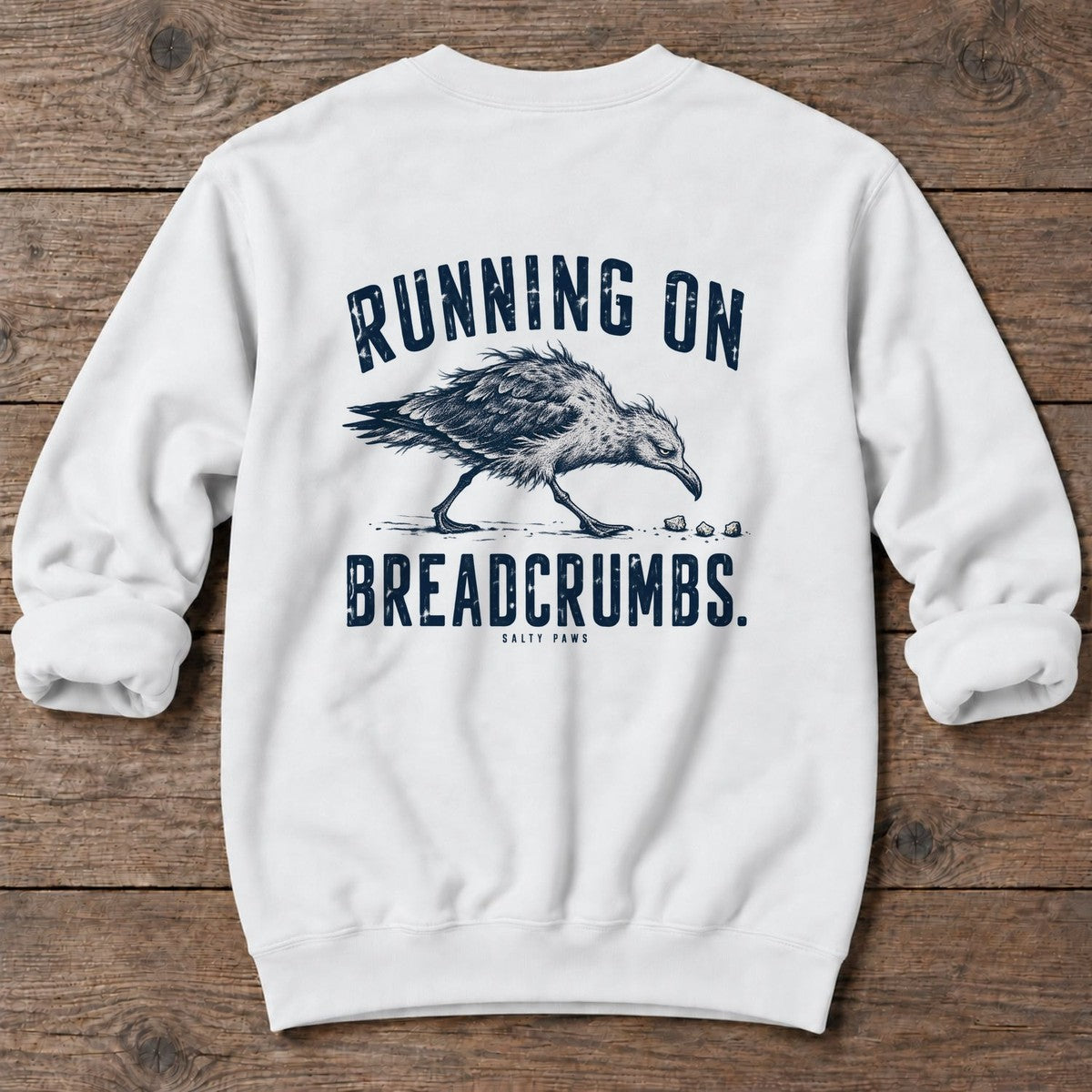Running on Breadcrumbs Seagull Back Design Midweight Sweatshirt in White, Salty Paws Midweight Sweatshirt, back design flat lay