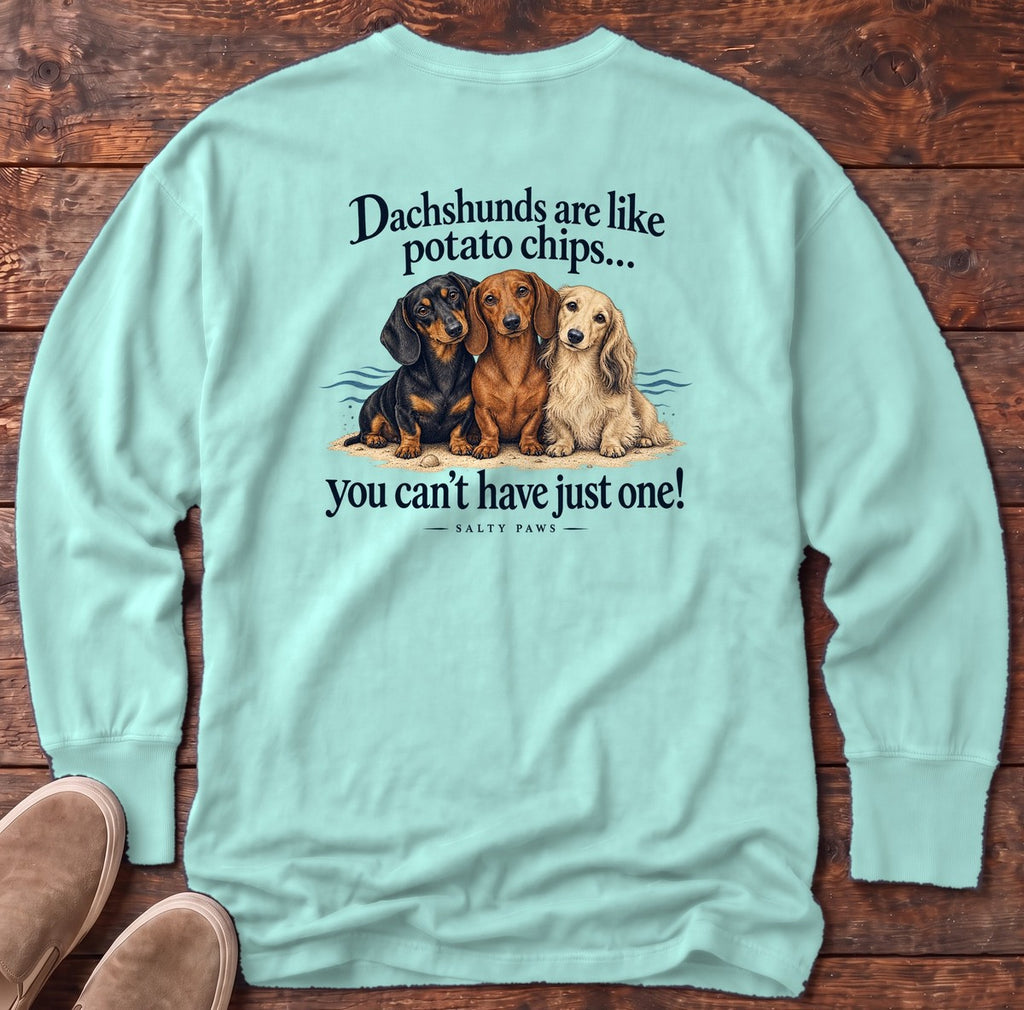 Dachshunds Are Like Potato Chips Back Design Long Sleeve Tee in Chalky Mint, Salty Paws Comfort Colors Long Sleeve Tee, back design flat lay