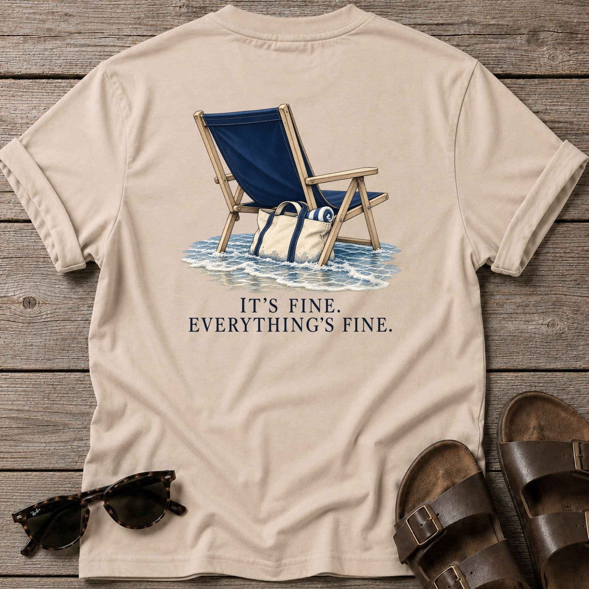 Everything's Fine Beach Chair Back Design T-Shirt in Sand, Salty Paws T-Shirt, back design flat lay