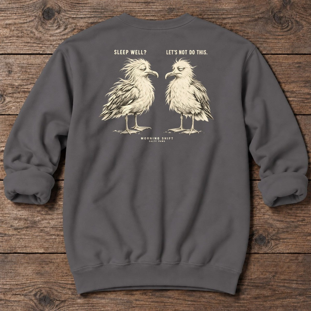 Morning Shift Gulls Back Design Midweight Sweatshirt in Charcoal, Salty Paws Midweight Sweatshirt, back design flat lay