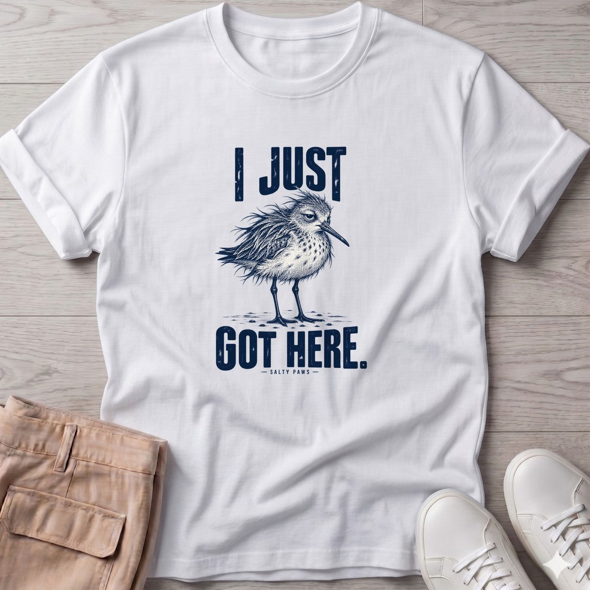 I Just Got Here Sandpiper T-Shirt in White, Salty Paws T-Shirt, front design flat lay