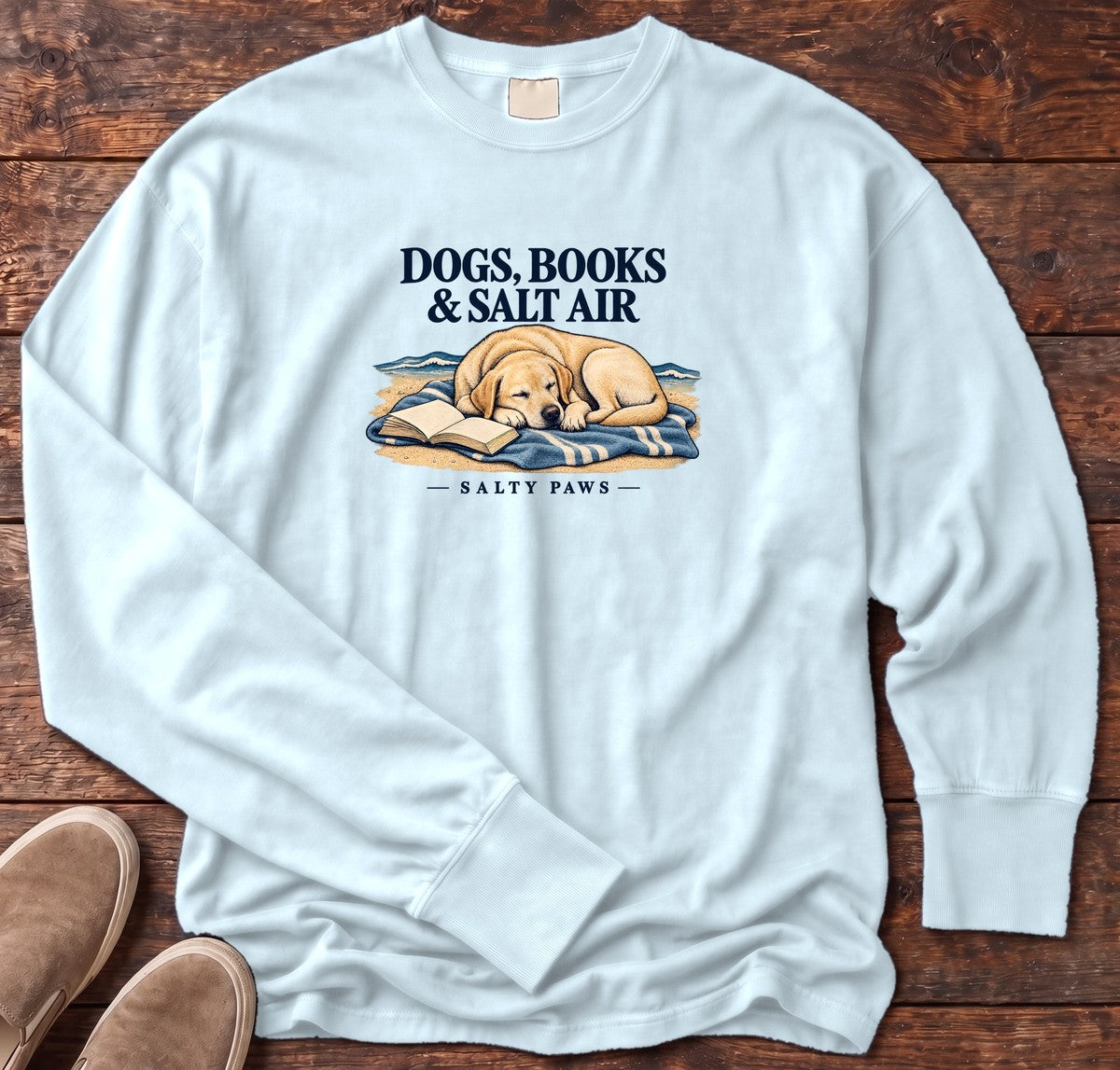 Dogs, Books & Salt Air Yellow Lab Long Sleeve Tee in Chambray, Salty Paws Comfort Colors Long Sleeve Tee, front design flat lay