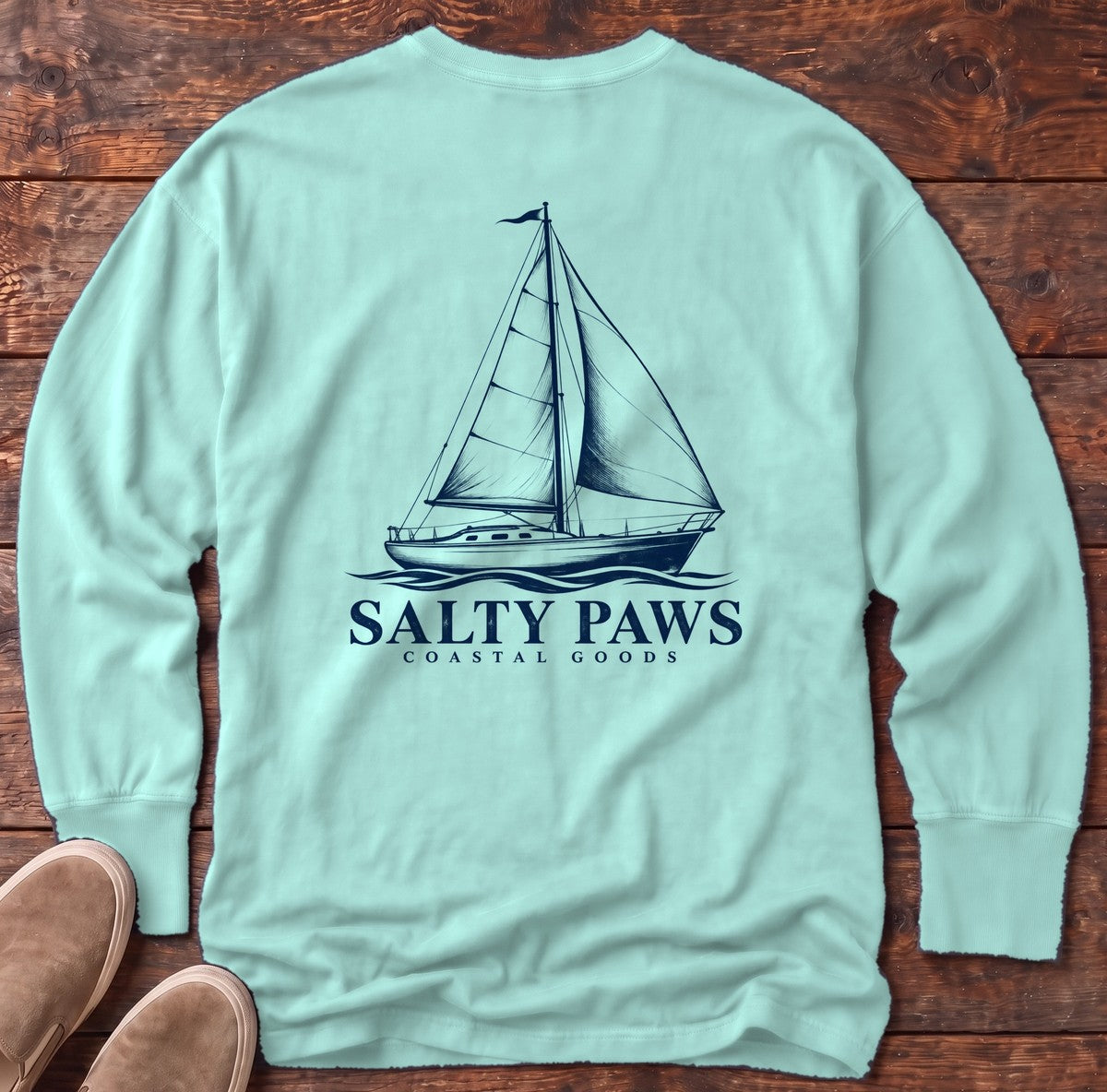 Sailboat Coastal Goods Back Design Long Sleeve Tee in Chalky Mint, Salty Paws Comfort Colors Long Sleeve Tee, back design flat lay