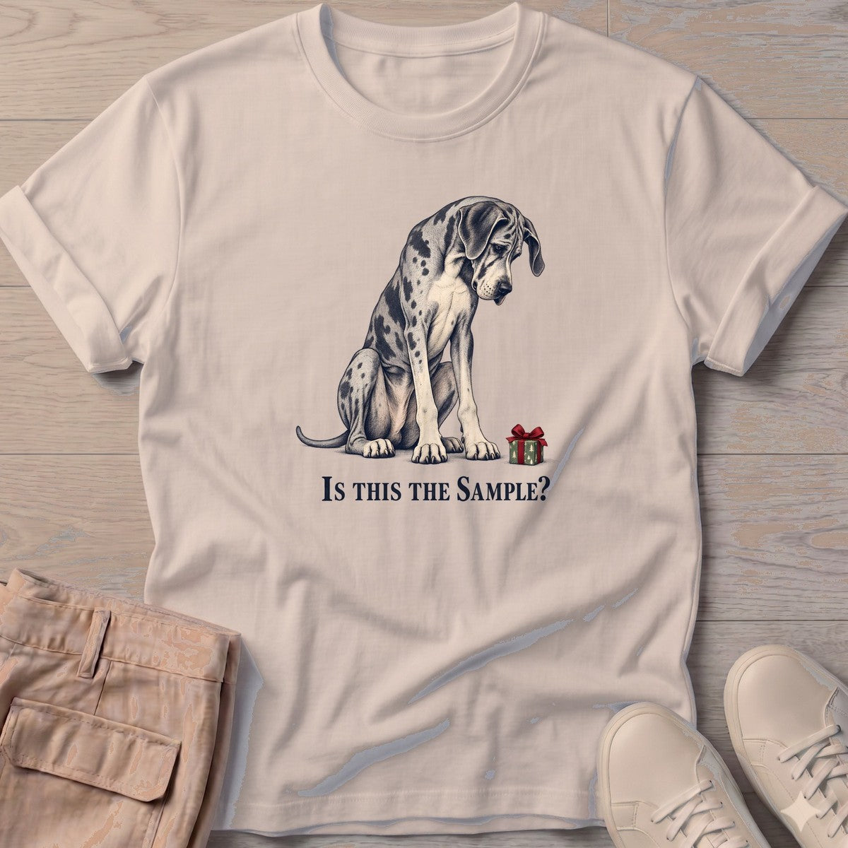 Is This the Sample Great Dane T-Shirt in Sand, Salty Paws T-Shirt, front design flat lay