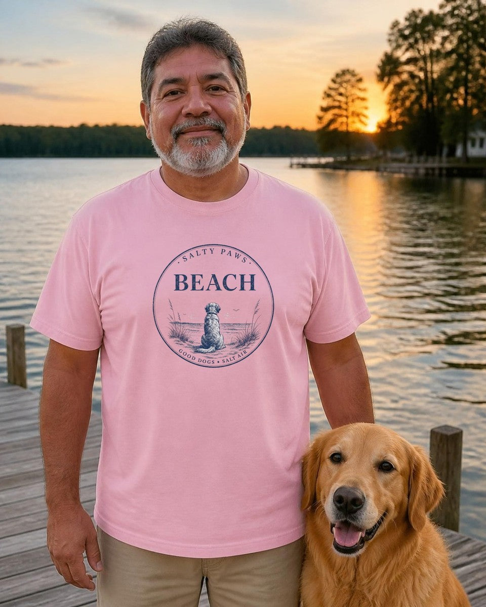 Beach Good Dogs Salt Air Comfort Colors T-Shirt in Blossom, worn by a model