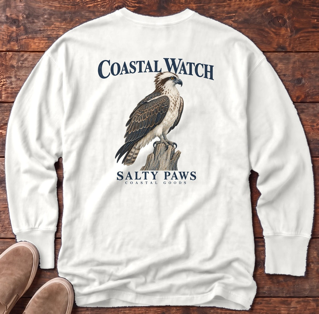 Coastal Watch Osprey Salty Paws Coastal Goods Back Design Long Sleeve Tee in White, Salty Paws Comfort Colors Long Sleeve Tee, back design flat lay