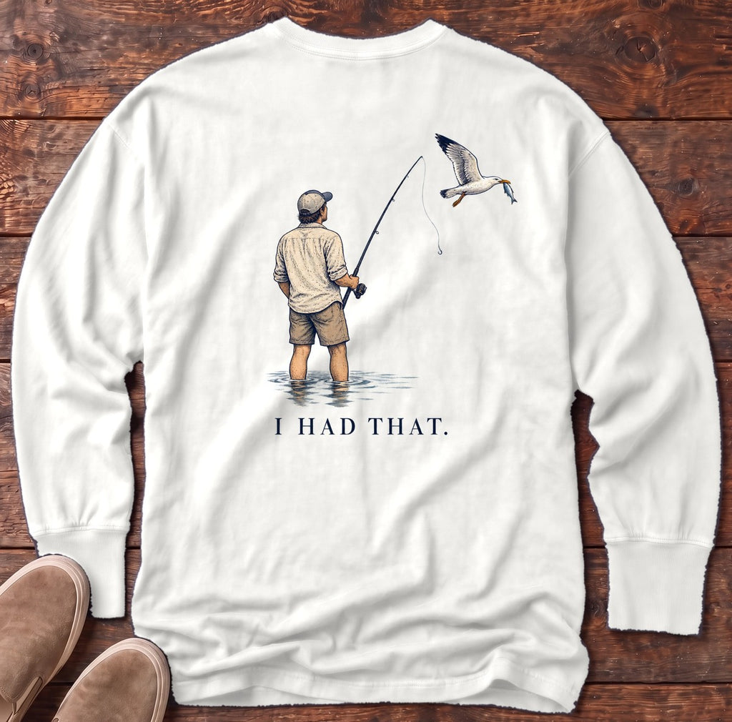 I Had That Seagull Back Design Long Sleeve Tee in White, Salty Paws Comfort Colors Long Sleeve Tee, back design flat lay