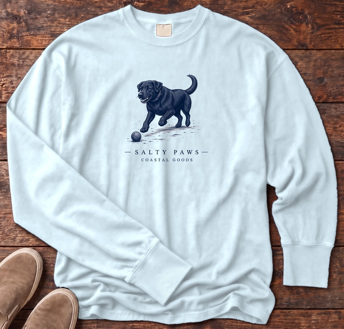 Black Labrador Ball Long Sleeve Tee in Chambray, Salty Paws Comfort Colors long sleeve tee