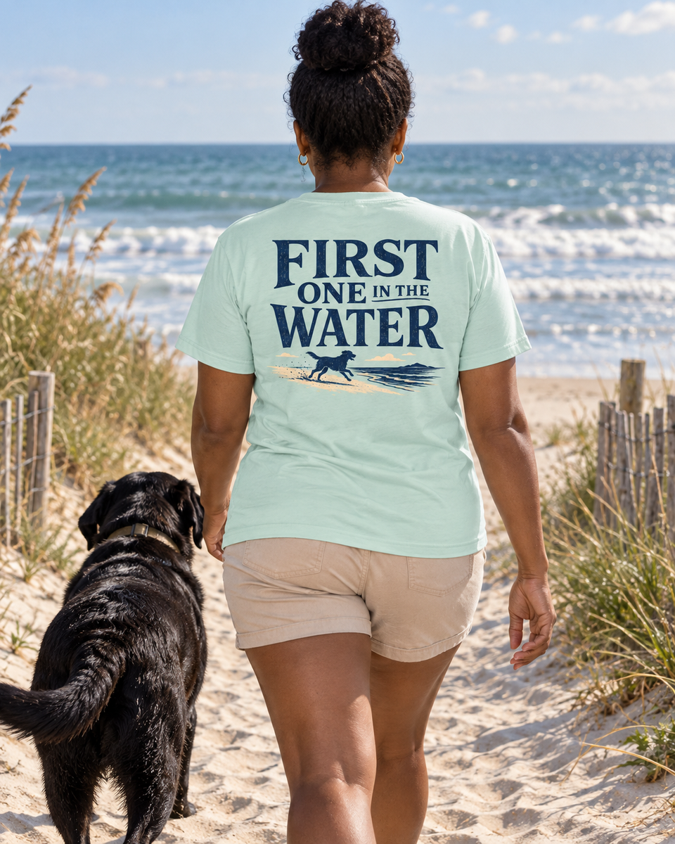 First One in the Water back design tee in Mint Green, worn