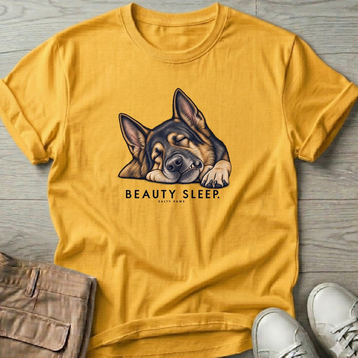 Beauty Sleep German Shepherd T-Shirt in Daisy, Salty Paws T-Shirt, front design flat lay