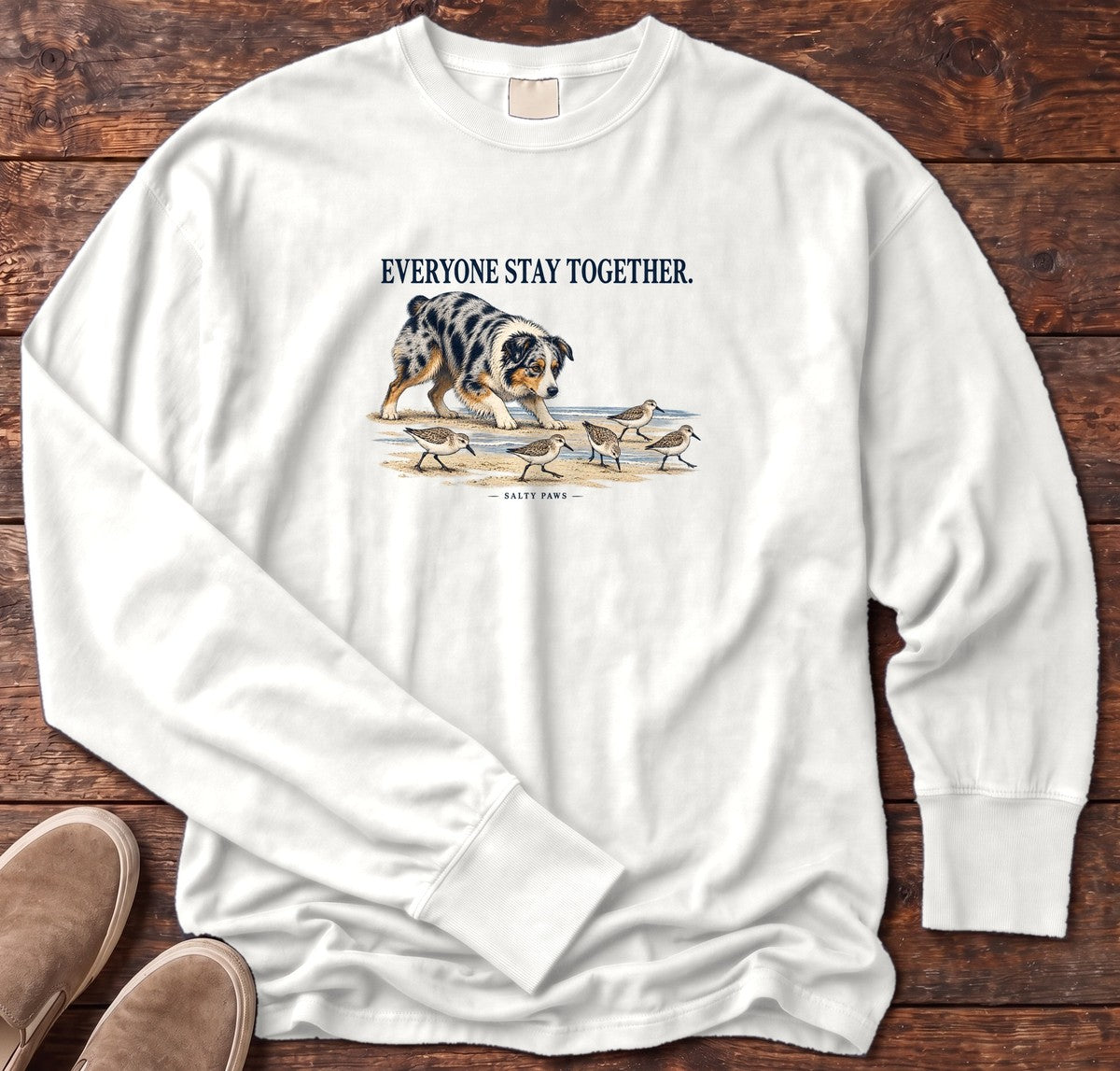 Everyone Stay Together Australian Shepherd Long Sleeve Tee in White, Salty Paws Comfort Colors Long Sleeve Tee, front design flat lay