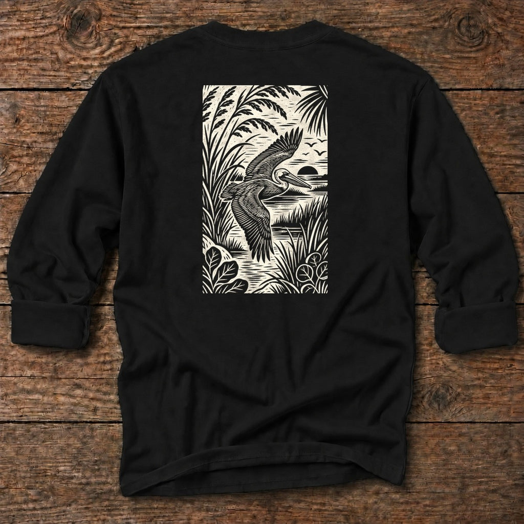 Pelican Woodcut Back Design T-Shirt in Black, Salty Paws coastal long sleeve tee
