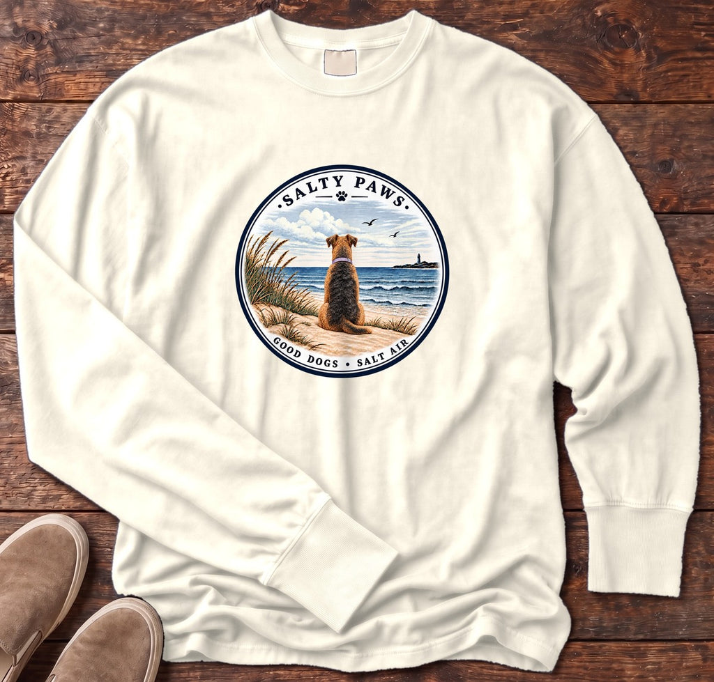 Good Dogs Salt Air Airedale Long Sleeve Tee in Ivory, Salty Paws Comfort Colors Long Sleeve Tee, front design flat lay