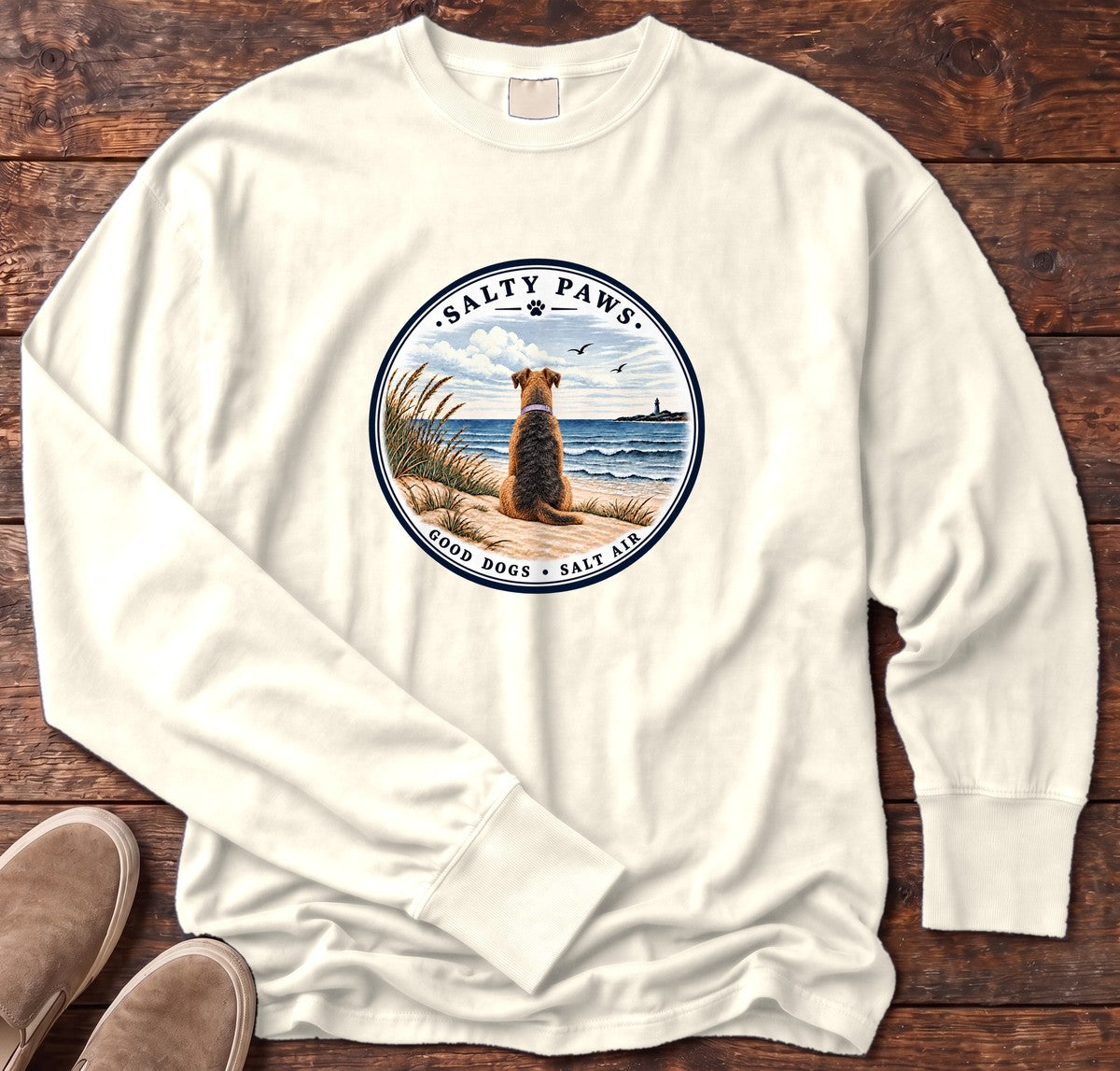 Good Dogs Salt Air Airedale Long Sleeve Tee in Ivory, Salty Paws Comfort Colors Long Sleeve Tee, front design flat lay