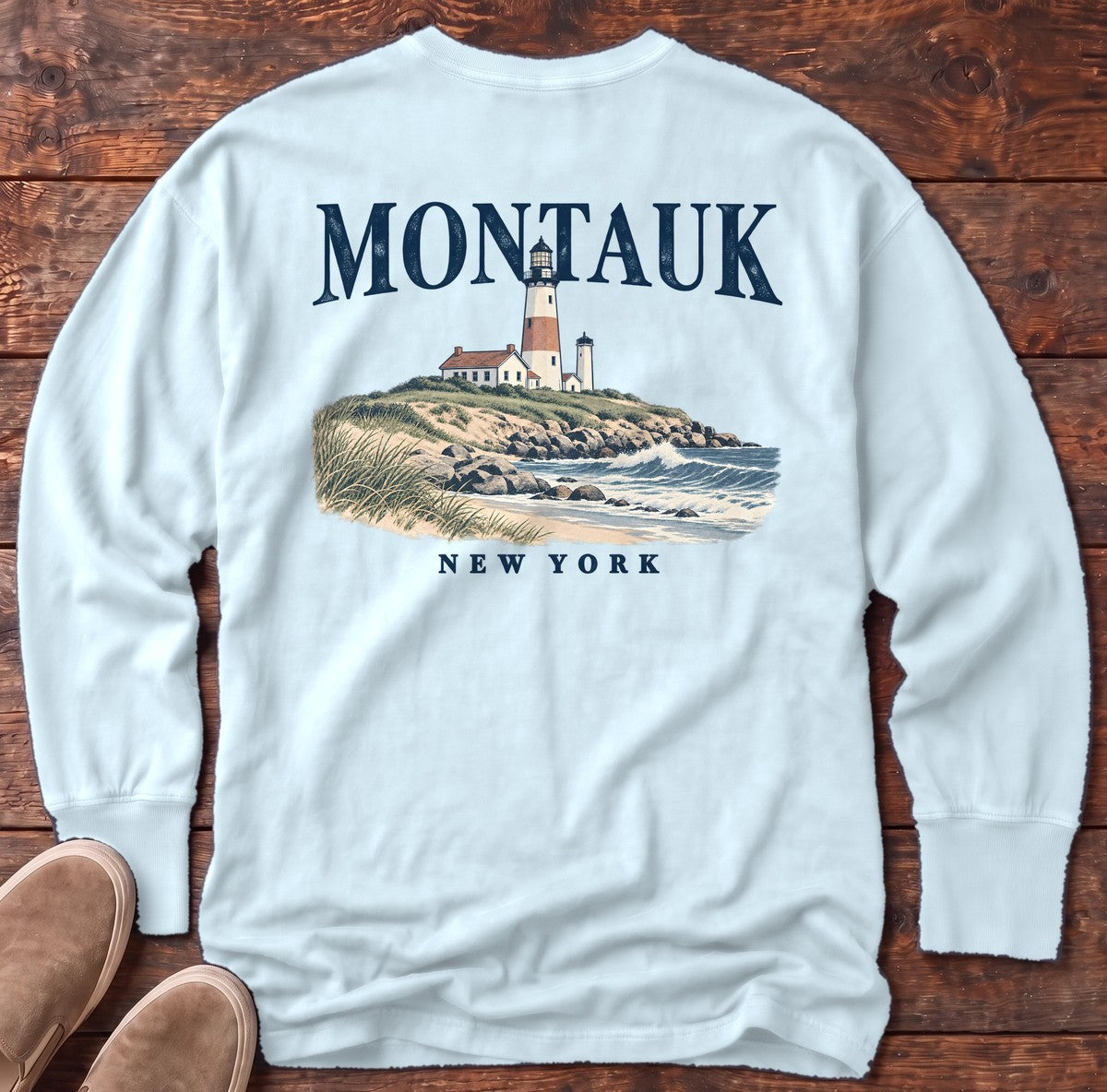 Montauk Lighthouse New York Back Design Long Sleeve Tee in Chambray, Salty Paws Comfort Colors Long Sleeve Tee, back design flat lay