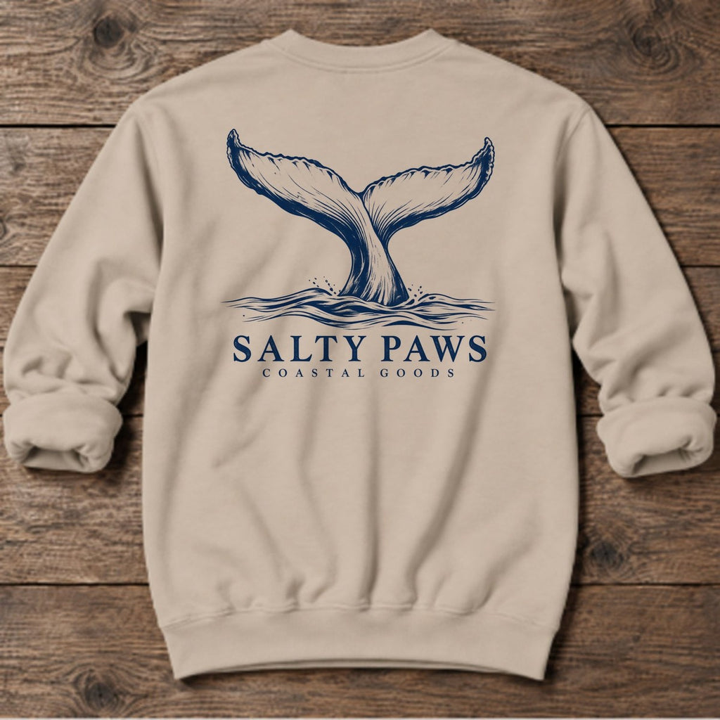 Humpback Tail Coastal Goods Back Design Midweight Sweatshirt in Sand, Salty Paws Midweight Sweatshirt, back design flat lay