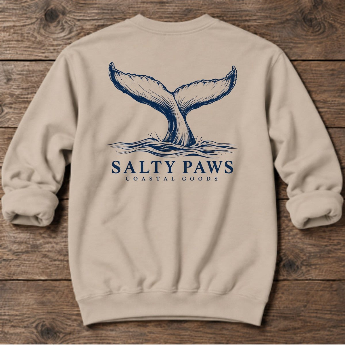 Humpback Tail Coastal Goods Back Design Midweight Sweatshirt in Sand, Salty Paws Midweight Sweatshirt, back design flat lay