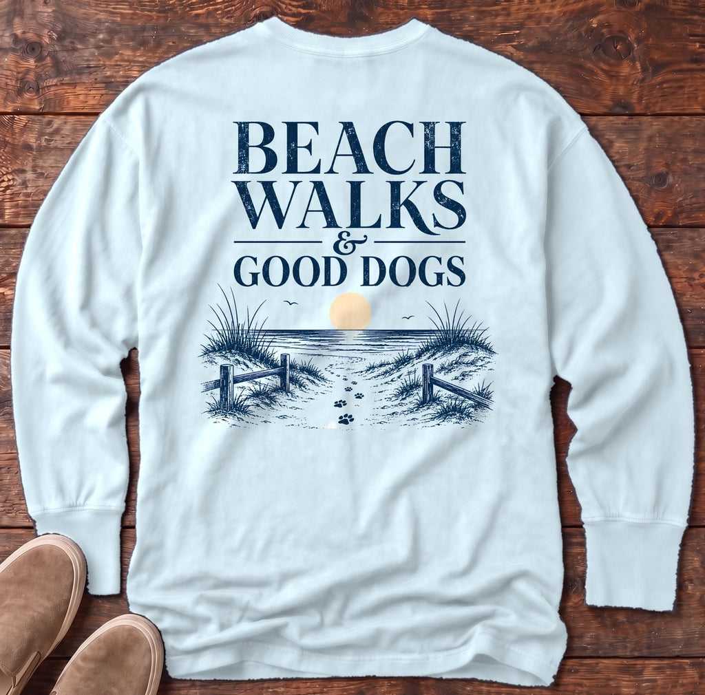 Beach Walks Good Dogs Back Design Long Sleeve Tee in Chambray, Salty Paws Comfort Colors long sleeve tee