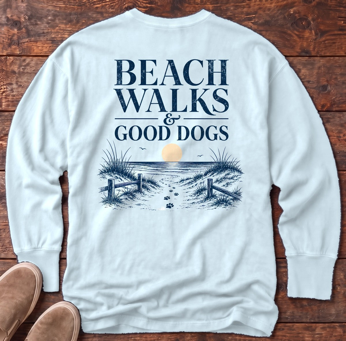 Beach Walks Good Dogs Back Design Long Sleeve Tee in Chambray, Salty Paws Comfort Colors long sleeve tee
