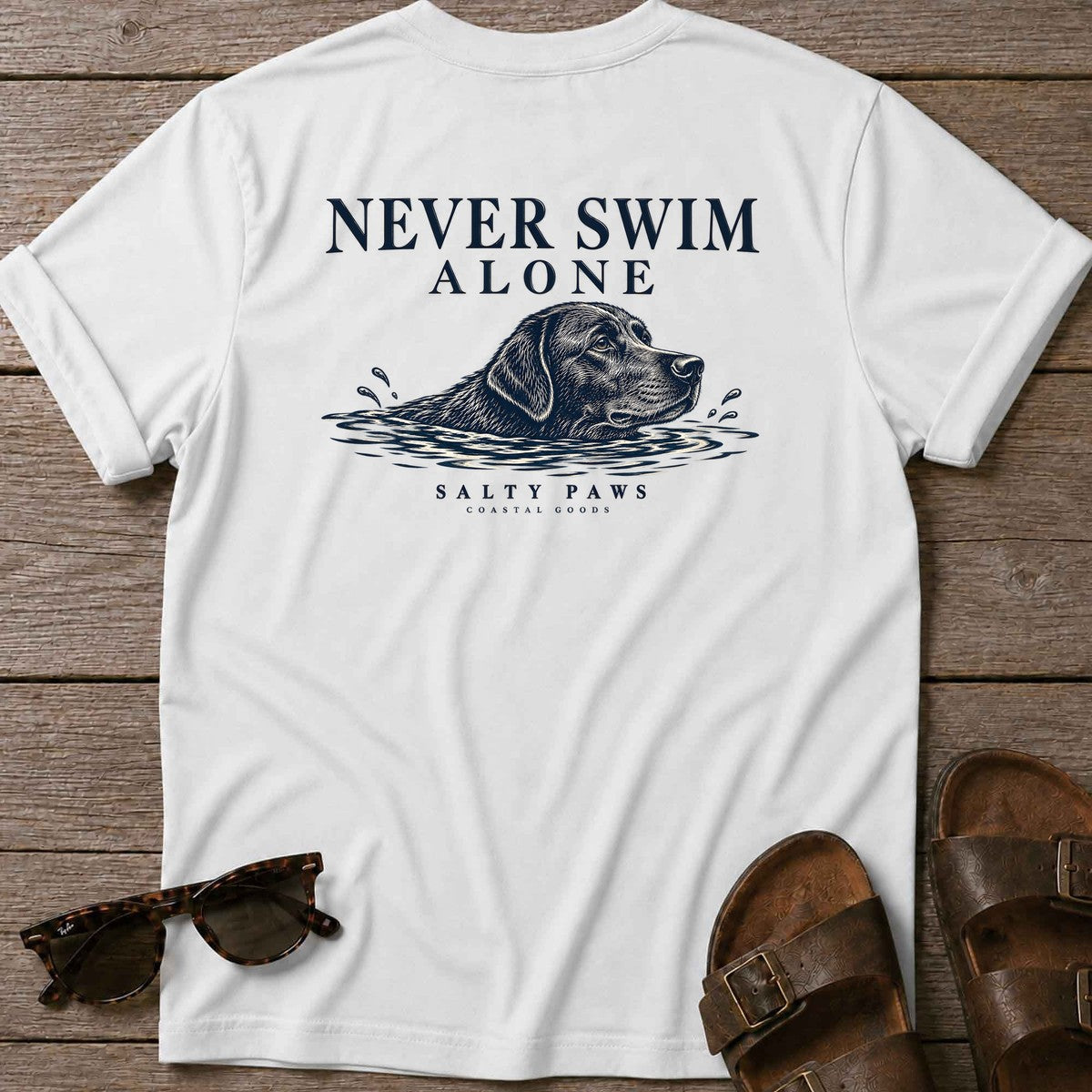 Never Swim Alone Black Lab Back Design T-Shirt in White, Salty Paws coastal t-shirt
