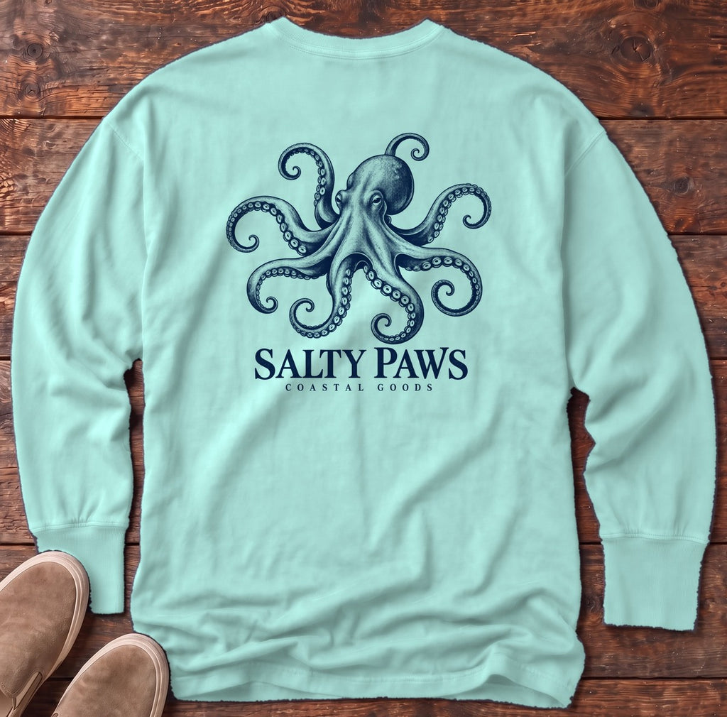 Octopus Coastal Goods Back Design Long Sleeve Tee in Chalky Mint, Salty Paws Comfort Colors Long Sleeve Tee, back design flat lay