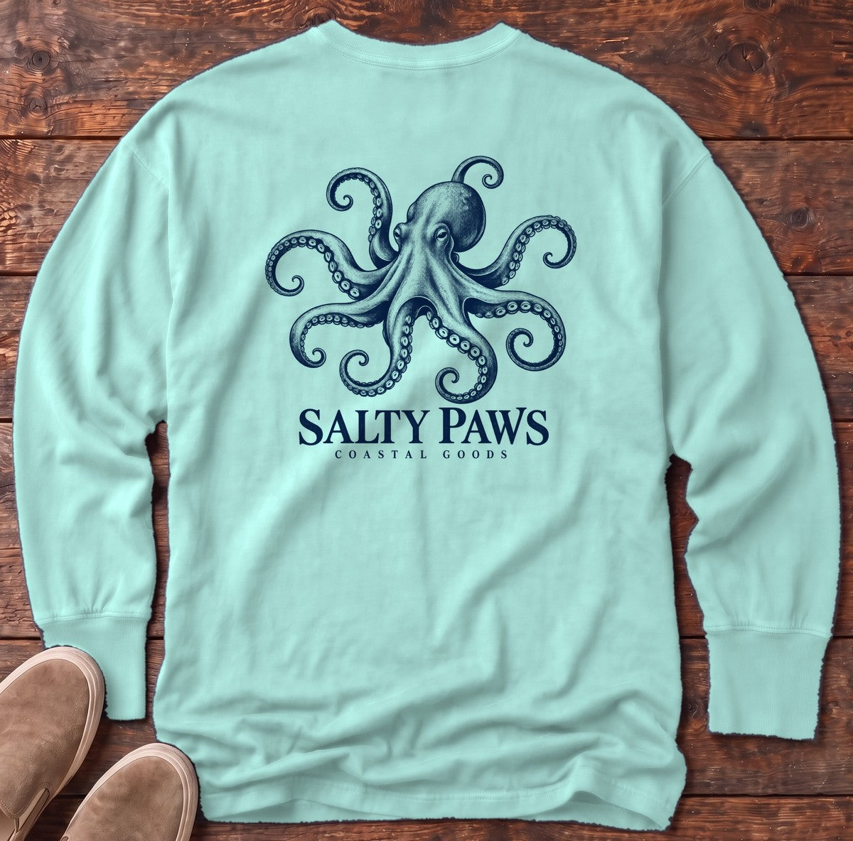 Octopus Coastal Goods Back Design Long Sleeve Tee in Chalky Mint, Salty Paws Comfort Colors Long Sleeve Tee, back design flat lay